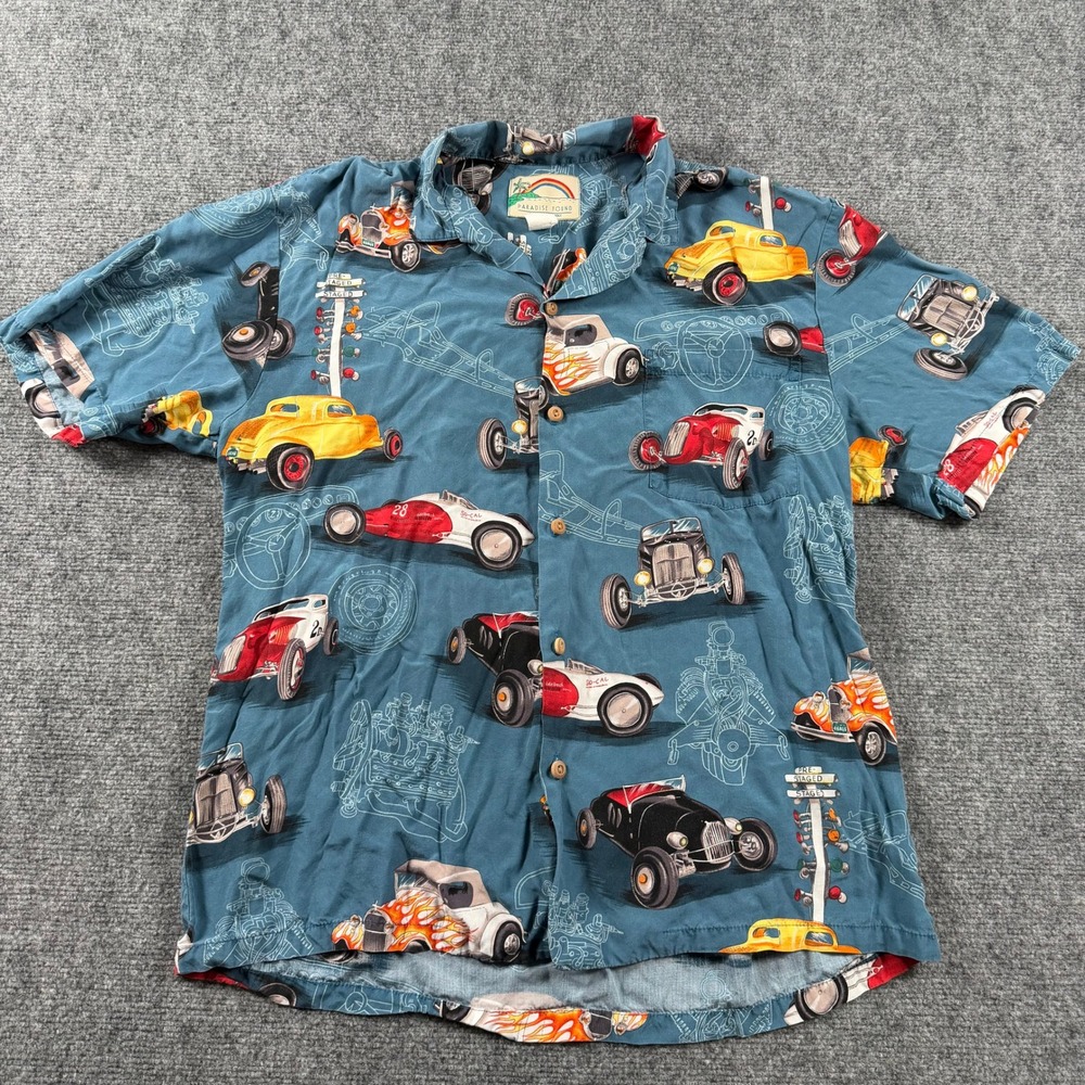 Paradise Found Shirt Mens Medium Blue Hot Rod Race Car Rayon Hawaiian Aloha Tee
